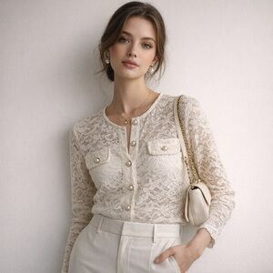 LOFT Petites Ivory Lace Cardigan Jacket Pearl Buttons XSP Old Money